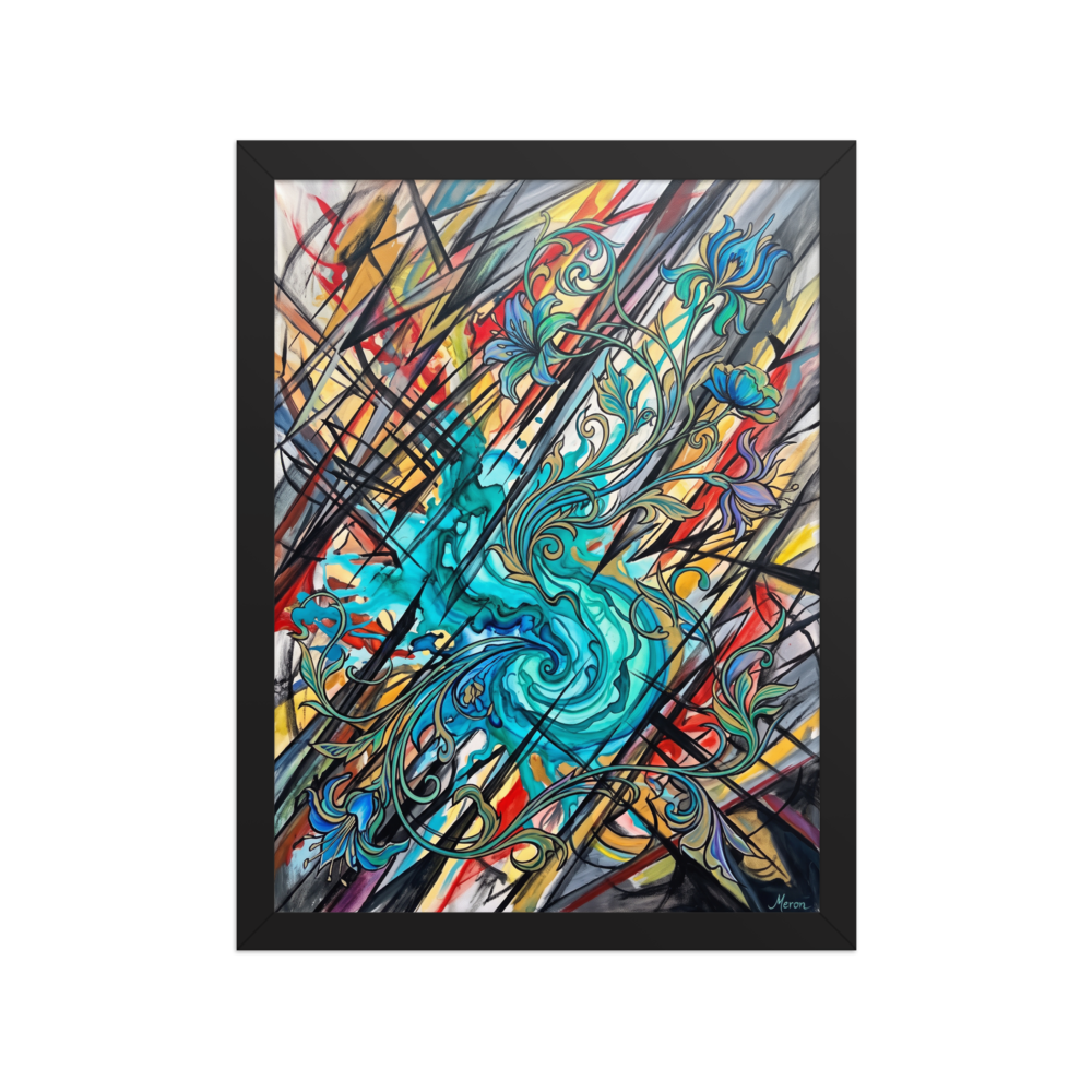 A chaotic scene in turquoise and crimson, 'Botanical Shatter'. Abstract Art Nouveau painting with turquoise flowers and sharp charcoal lines in a living room.
