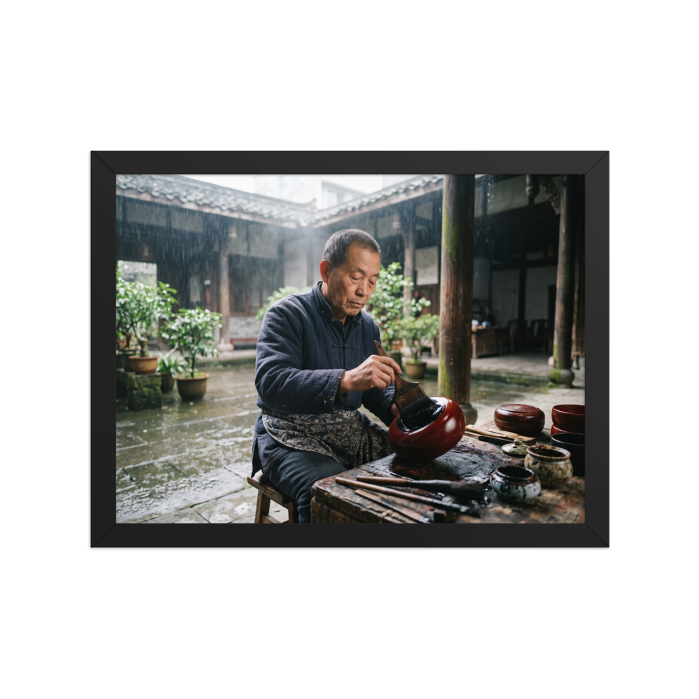An artisan meticulously applies lacquer to a bowl in a rainy courtyard, offering inspiring dedication suited for an office. A Art photography art print titled 'The Lacquer Craftsman'.