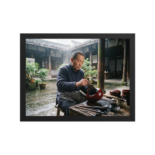 An artisan meticulously applies lacquer to a bowl in a rainy courtyard, offering inspiring dedication suited for an office. A Art photography art print titled 'The Lacquer Craftsman'.