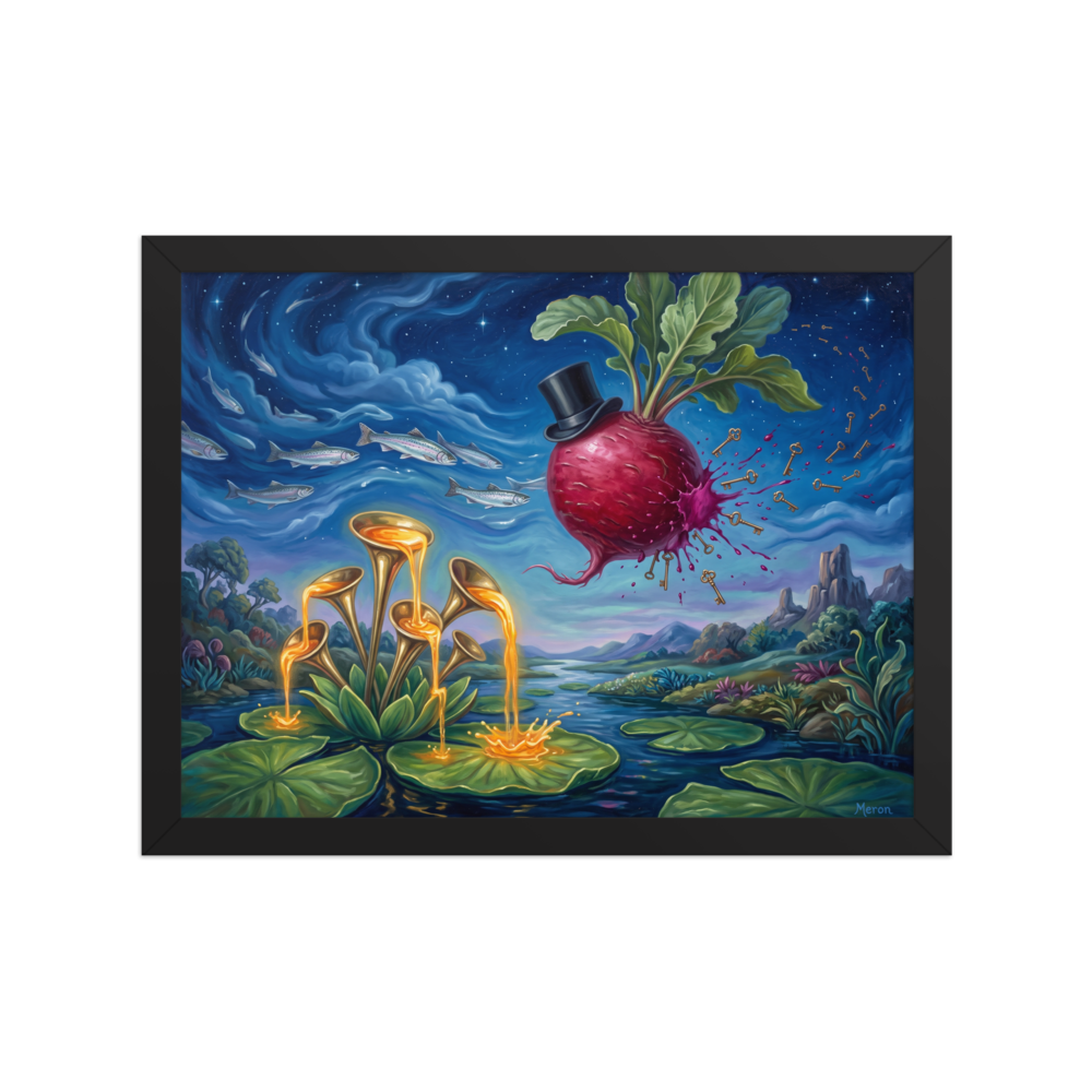 Surrealism wall art for the living room, 'The Keyholder Radish'. A surreal oil painting art print featuring a floating radish in a top hat shedding golden keys over a lily pad lake for a living room wall.