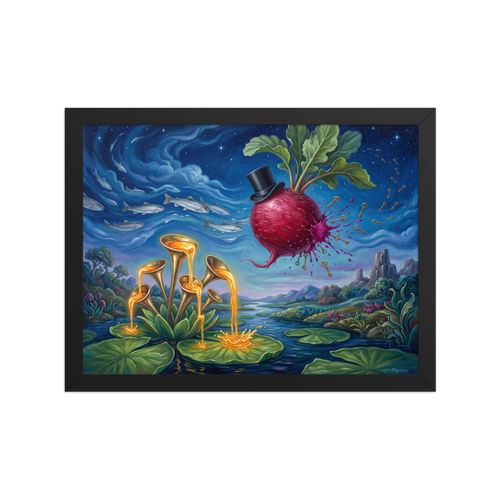 Surrealism wall art for the living room, 'The Keyholder Radish'. A surreal oil painting art print featuring a floating radish in a top hat shedding golden keys over a lily pad lake for a living room wall.