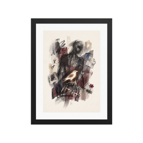 An expressive mixed-media drawing featuring a dark sketched silhouette, a white bird perched on a broken birdcage, broken chains, and red washes, ideal for a creative studio or bedroom. Shown here as the Transgressive art print 'Liberated Shadow'.