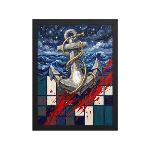 A modern nautical surreal art print featuring a stone anchor wrapped in a brass horn with starry skies and crimson paint slashes for a living room wall. A Surrealism print in dark blue and crimson, 'Anchor of the Horizon'.