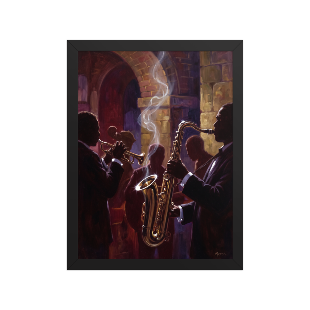 Atmospheric oil painting of jazz musicians playing saxophone and trumpet under a brick arch with rising smoke, ideal for a speakeasy lounge. A Realism print with a oil painting look, titled 'Smoke and Brass'.