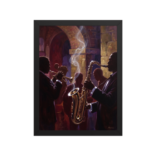 Atmospheric oil painting of jazz musicians playing saxophone and trumpet under a brick arch with rising smoke, ideal for a speakeasy lounge. A Realism print with a oil painting look, titled 'Smoke and Brass'.