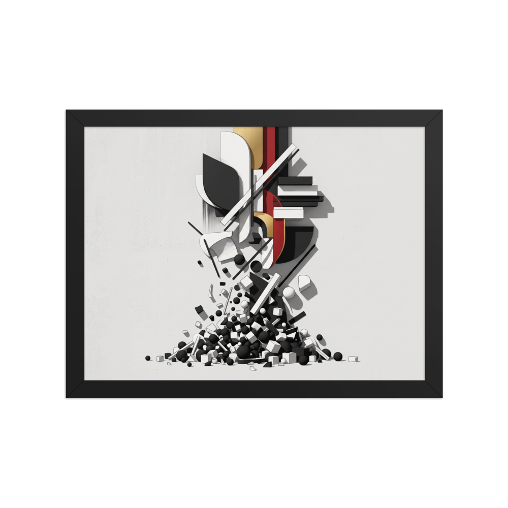 A striking 3D geometric composition of black, white, and gold architectural slabs cascading into spheres and cubes, ideal for a modern office or living room. Available as the Constructivism art print 'Cascading Geometric Construct'.