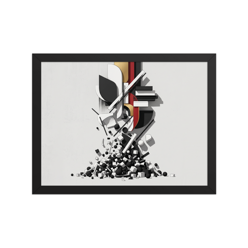 A striking 3D geometric composition of black, white, and gold architectural slabs cascading into spheres and cubes, ideal for a modern office or living room. Available as the Constructivism art print 'Cascading Geometric Construct'.