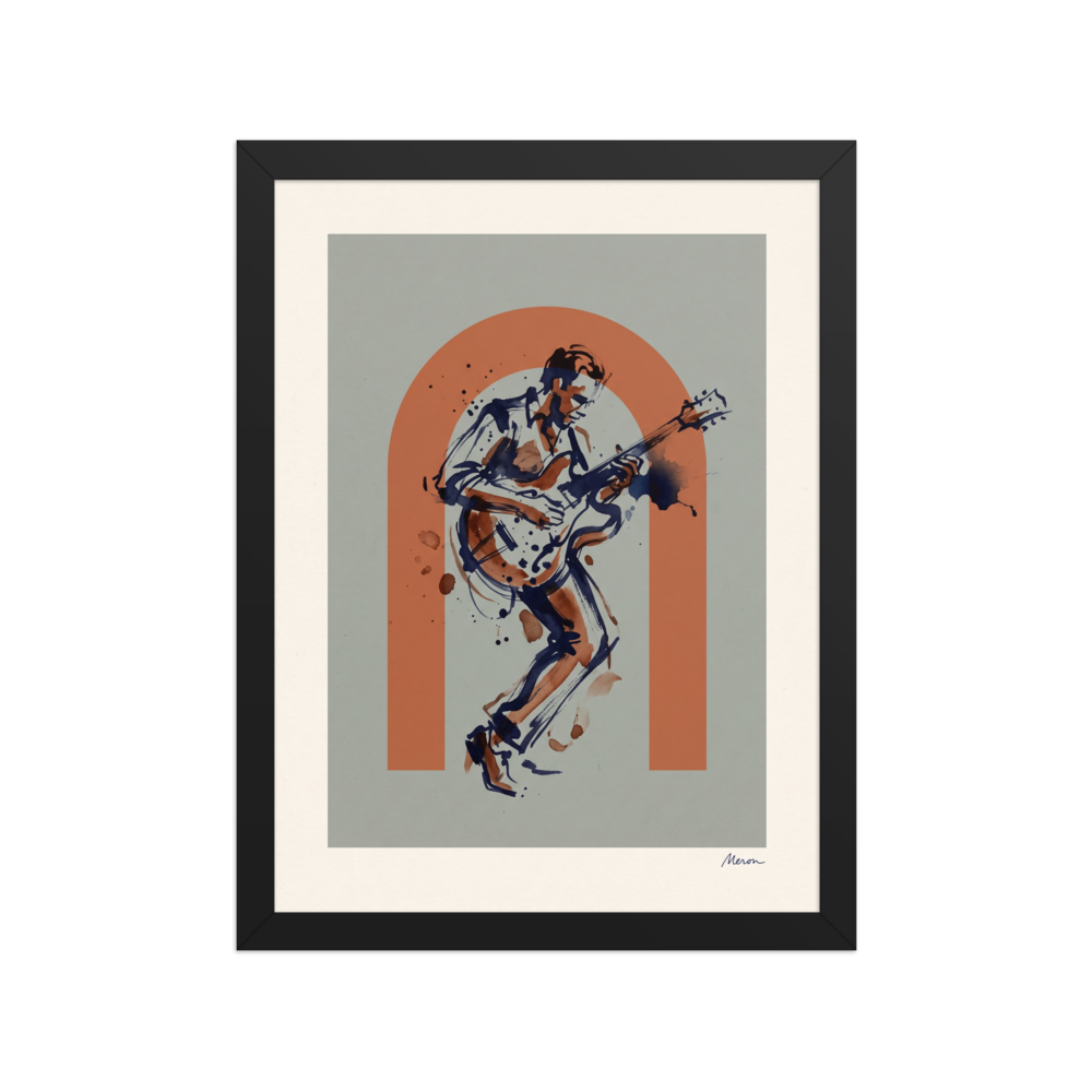 Fine art print 'Rust Rhythm' in a Abstract art style. Gestural ink sketch of a guitarist playing an electric guitar framed within a terracotta arch, ideal for a living room.