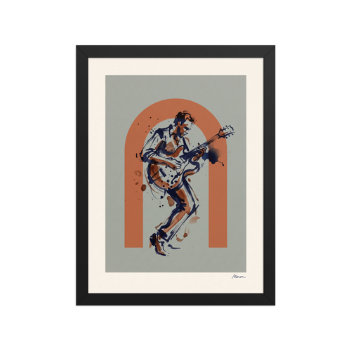 Fine art print 'Rust Rhythm' in a Abstract art style. Gestural ink sketch of a guitarist playing an electric guitar framed within a terracotta arch, ideal for a living room.