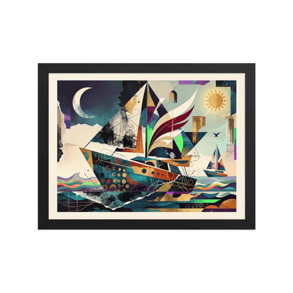 'Celestial Sailboat', Dau-al-Set wall art in dark blue and gold. A geometric sailboat with winged sails navigates between a crescent moon and a radiant sun, creating a dynamic maritime statement for a living room.