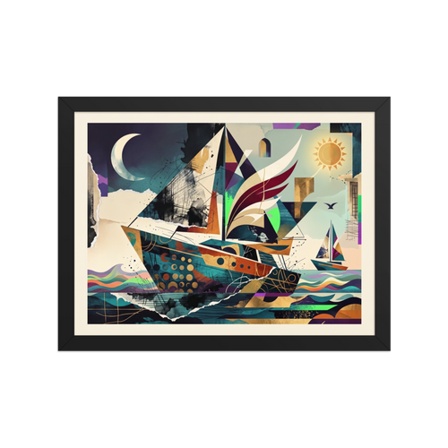 'Celestial Sailboat', Dau-al-Set wall art in dark blue and gold. A geometric sailboat with winged sails navigates between a crescent moon and a radiant sun, creating a dynamic maritime statement for a living room.