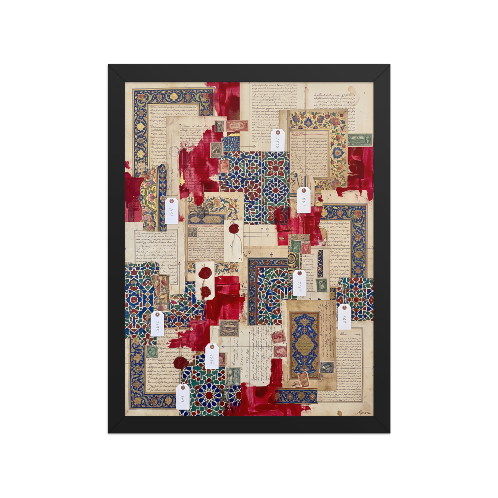 Intricate blue Islamic tilework, crimson paint, and manuscript fragments form a rich collage in a living room wall art print. Shown here as the Arabesque print 'Silk Road Archives'.