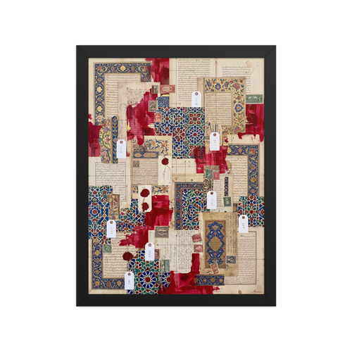 Intricate blue Islamic tilework, crimson paint, and manuscript fragments form a rich collage in a living room wall art print. Shown here as the Arabesque print 'Silk Road Archives'.
