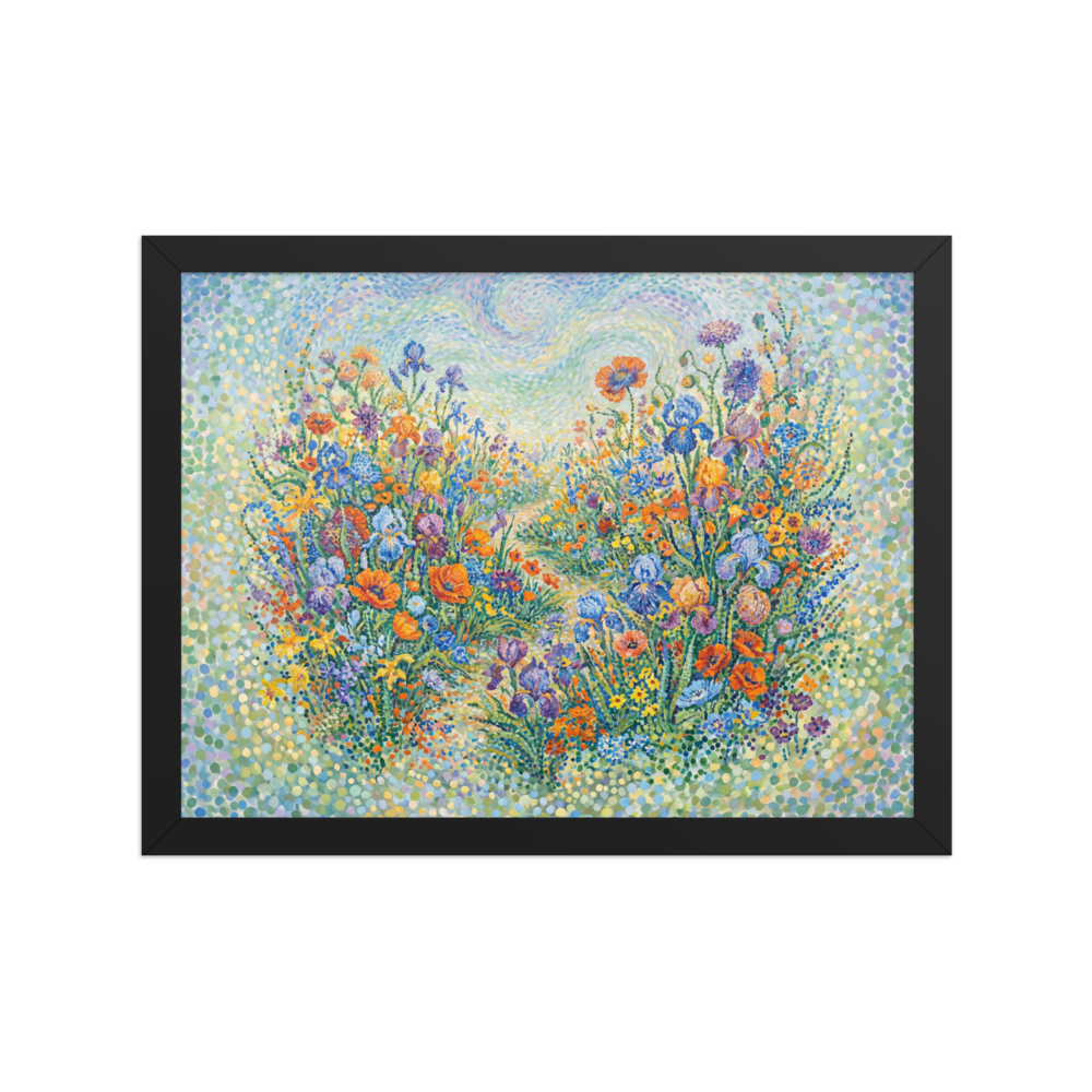 A Pointillist painting of a garden pathway filled with orange poppies and blue irises in a Sunroom / Conservatory. A Pointillism print in blue and orange, 'Wildflower Symphony'.