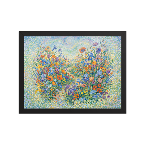A Pointillist painting of a garden pathway filled with orange poppies and blue irises in a Sunroom / Conservatory. A Pointillism print in blue and orange, 'Wildflower Symphony'.
