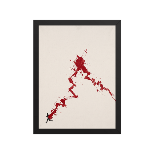 'The Surge of Momentum', Conceptual art wall art in crimson and white. Minimalist conceptual art print depicting a silhouette running with a vivid red paint splash trailing upward into a dramatic peak, ideal for a modern office.