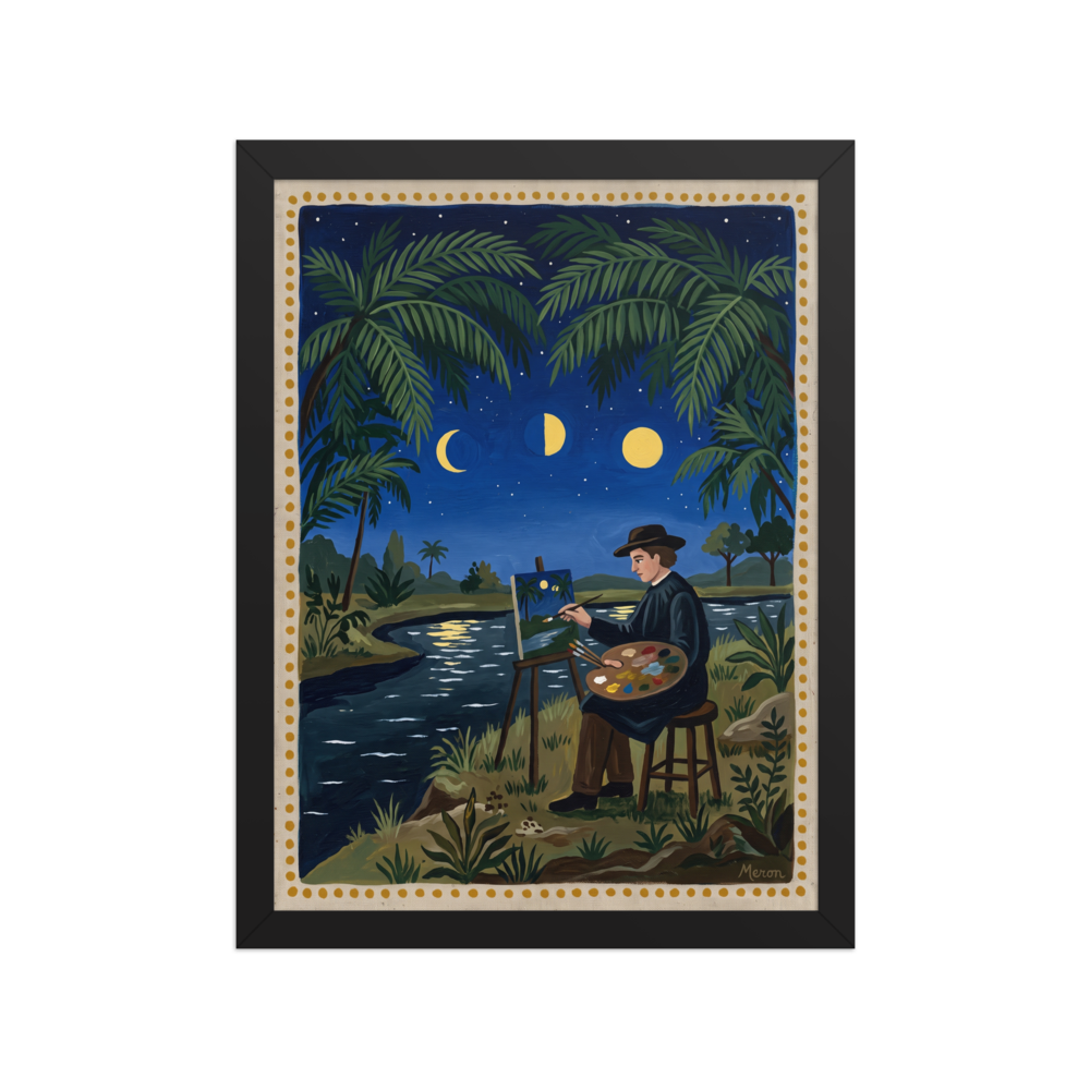 A mystical / mysterious Naive art print, 'Nocturne Artist'. Poetic naive art painting of a plein air painter working under moon phases by a riverbank, perfect for a studio wall.