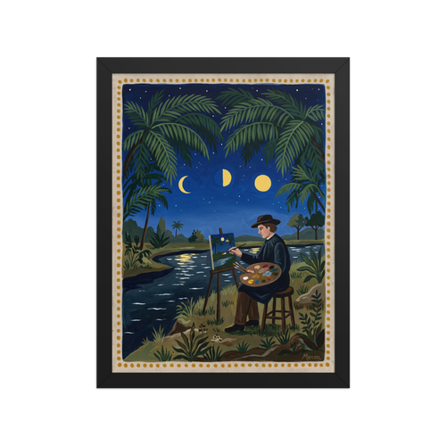 A mystical / mysterious Naive art print, 'Nocturne Artist'. Poetic naive art painting of a plein air painter working under moon phases by a riverbank, perfect for a studio wall.