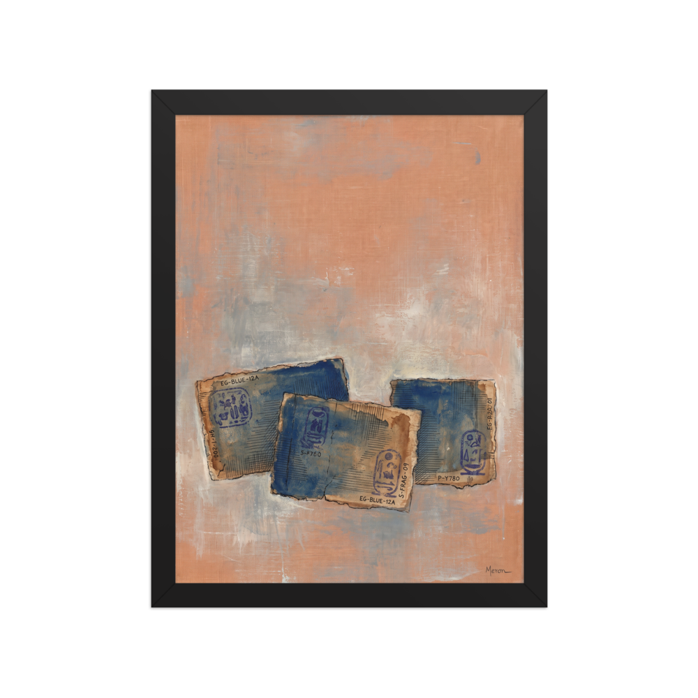 A mystical / mysterious scene in peach puff and steel blue, 'Egyptian Blue Relics'. Blue Egyptian papyrus fragments with ancient hieroglyphs float on a terracotta canvas in a living room wall art print.