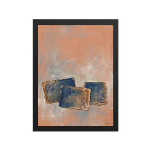 A mystical / mysterious scene in peach puff and steel blue, 'Egyptian Blue Relics'. Blue Egyptian papyrus fragments with ancient hieroglyphs float on a terracotta canvas in a living room wall art print.