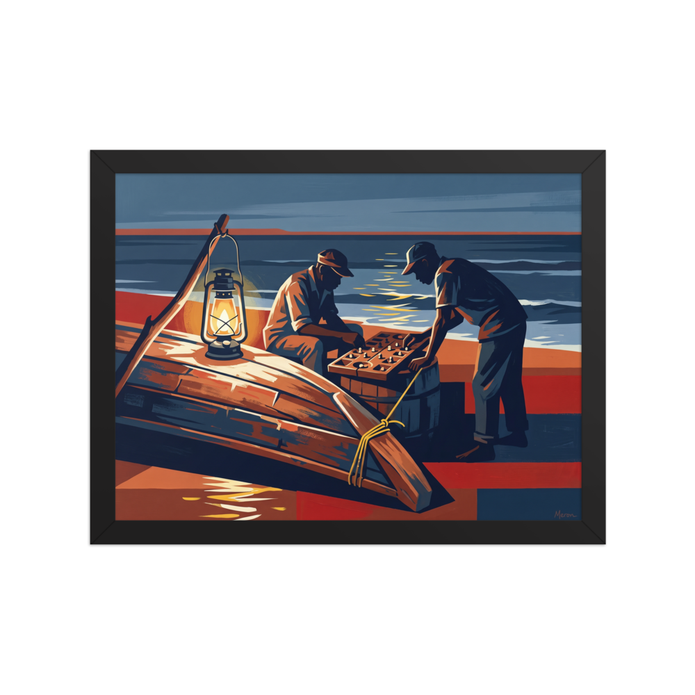 'Lanterns by the Tide', part of Meron's Modernism wall art. Two men playing a wooden board game under a glowing lantern beside an overturned boat on a night beach, ideal for a living room.