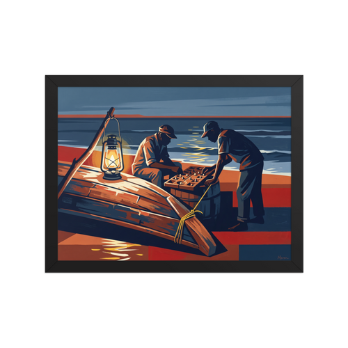 'Lanterns by the Tide', part of Meron's Modernism wall art. Two men playing a wooden board game under a glowing lantern beside an overturned boat on a night beach, ideal for a living room.