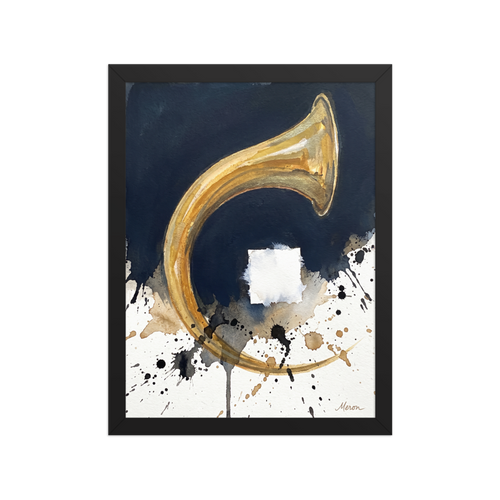 A metallic gold brass horn arc with dark blue ink wash and black ink splatters on white paper in a living room wall art display. Shown here as the Abstract expressionism print 'Crescendo in Gold'.