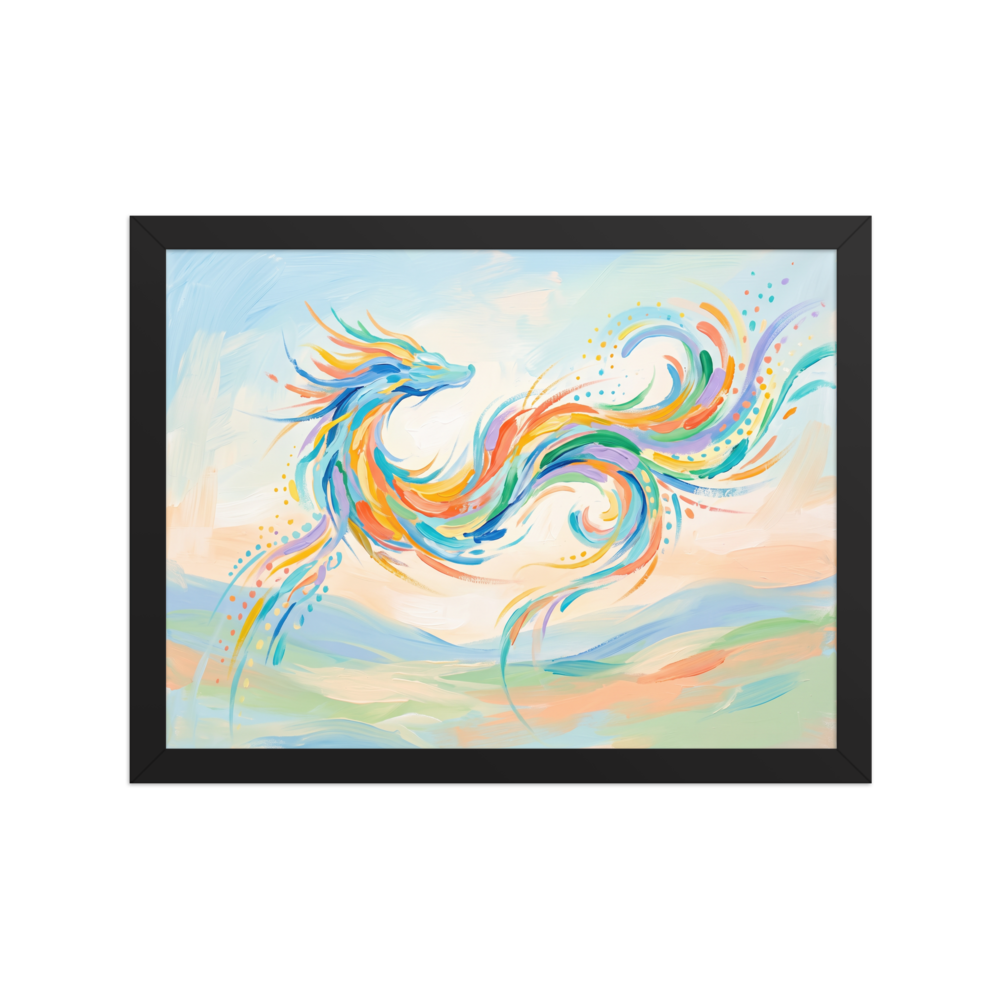 'Celestial Dragon'. Vibrant pastel painting of a colorful celestial dragon dancing in the sky, perfect wall art for a bedroom. Offered as a Expressionism print.