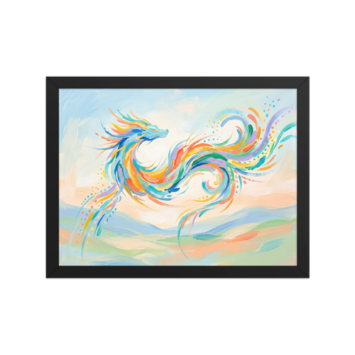 'Celestial Dragon'. Vibrant pastel painting of a colorful celestial dragon dancing in the sky, perfect wall art for a bedroom. Offered as a Expressionism print.