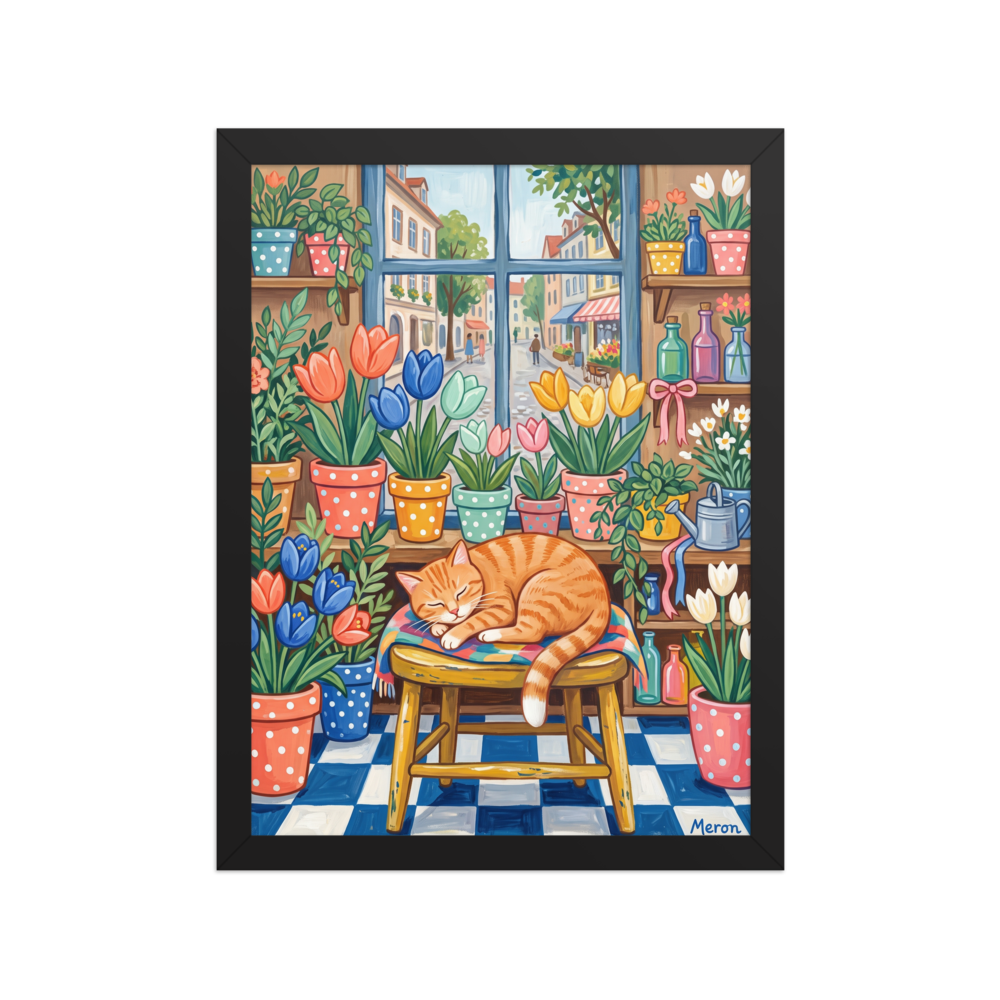 'Flower Shop Naps', Naive art wall art in orange and blue. Cozy naive art print of a sleeping ginger tabby cat surrounded by potted tulips in a flower shop window, perfect for a sunroom.