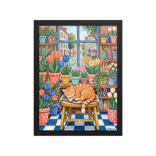 'Flower Shop Naps', Naive art wall art in orange and blue. Cozy naive art print of a sleeping ginger tabby cat surrounded by potted tulips in a flower shop window, perfect for a sunroom.