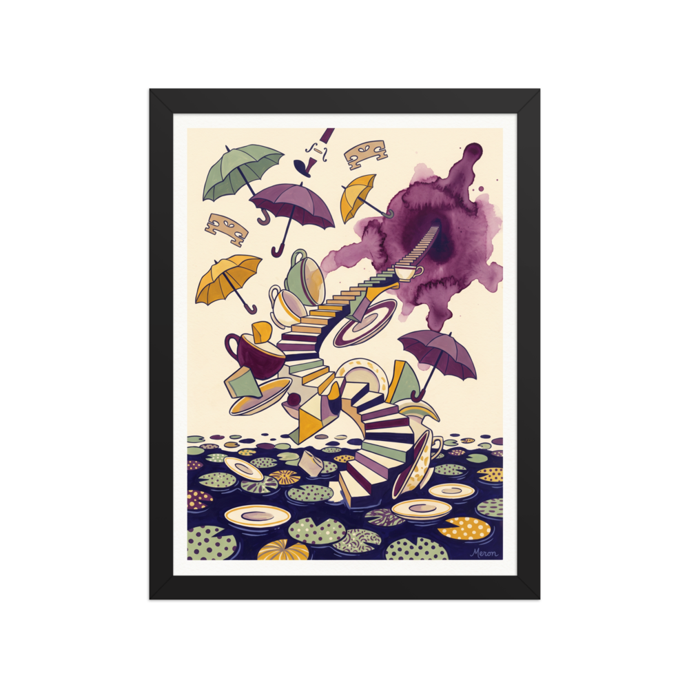 Surrealism wall art for the dining room, 'Tea Time Portal'. A surreal whimsical art print featuring a spiral staircase, floating umbrellas, and teacups over lily pads for a dining room or nook wall.