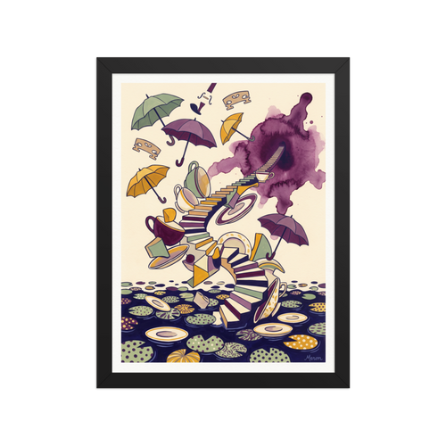 Surrealism wall art for the dining room, 'Tea Time Portal'. A surreal whimsical art print featuring a spiral staircase, floating umbrellas, and teacups over lily pads for a dining room or nook wall.