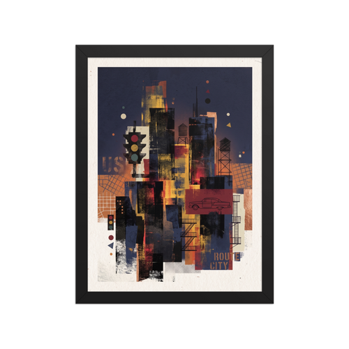 A layered urban collage featuring city skyline silhouettes, water towers, and vintage street signs against a dark sky, making a bold statement in an office. A Dau-al-Set print with a digital art look, titled 'Route City Shadows'.