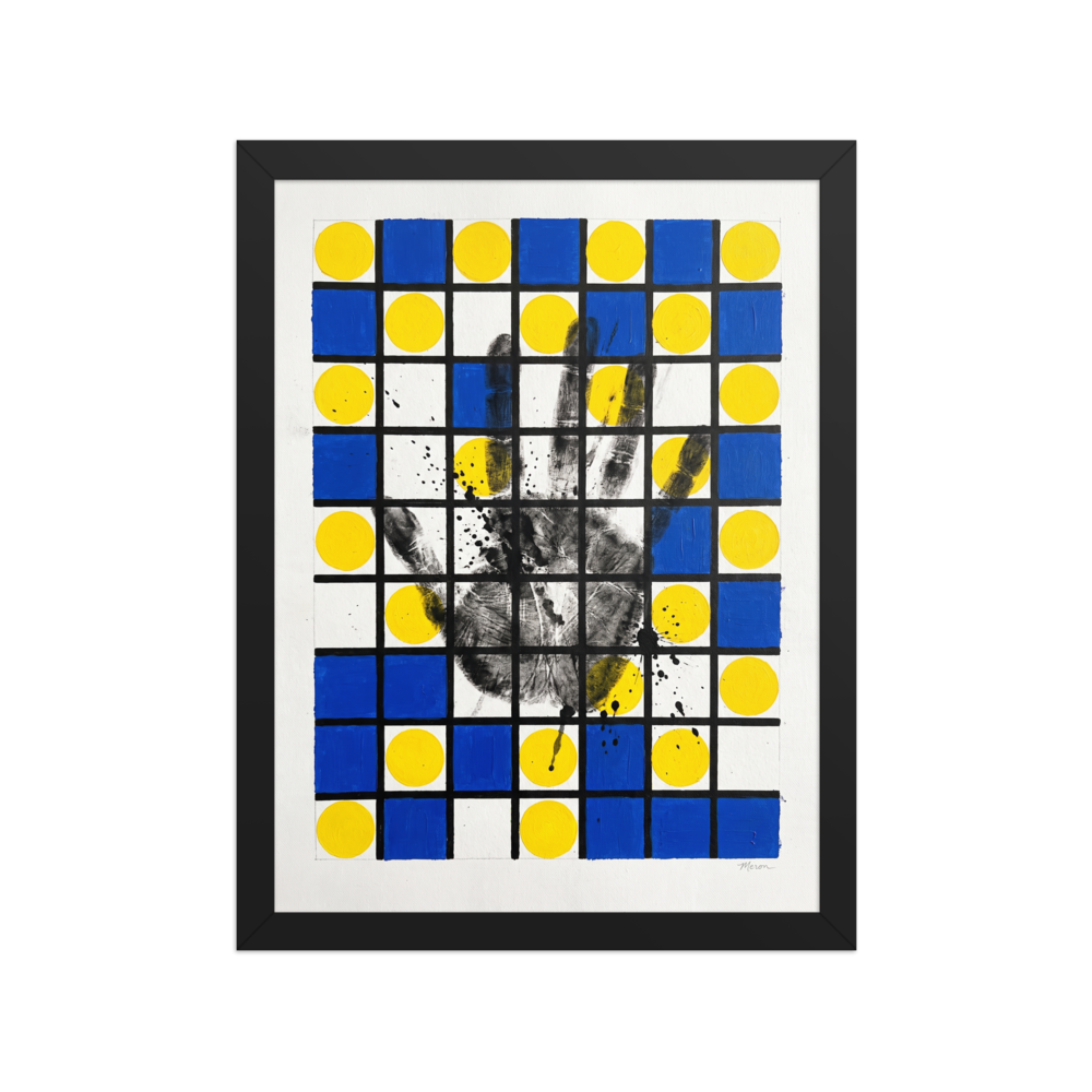 De Stijl (also known as Neoplasticism) wall art for the studio, 'Human Grid'. Modernist geometric grid art featuring blue squares and a handprint displayed in a studio.