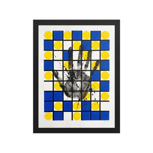 De Stijl (also known as Neoplasticism) wall art for the studio, 'Human Grid'. Modernist geometric grid art featuring blue squares and a handprint displayed in a studio.