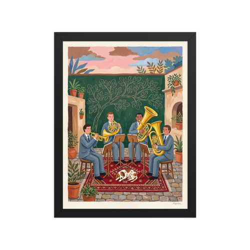 Charming folk art illustration of a brass quartet playing music in a courtyard with a sleeping dog, ideal for a living room wall. A Folk art art print titled 'Courtyard Serenade'.