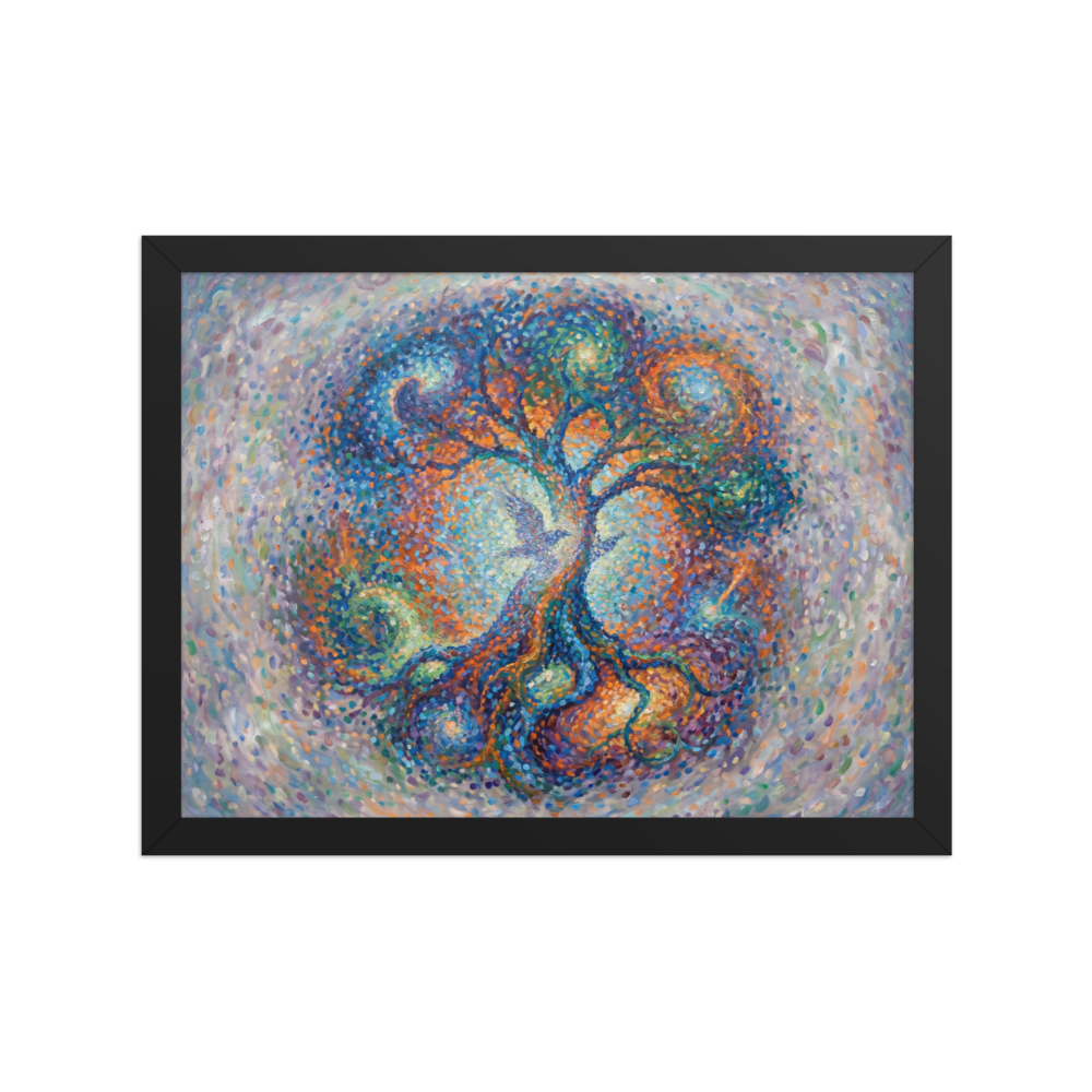 A vibrant pointillist painting of a cosmic tree with a bird in the center, ideal for a peaceful Meditation Room / Zen Space. A Pointillism print with a oil painting look, titled 'Cosmic Roots'.