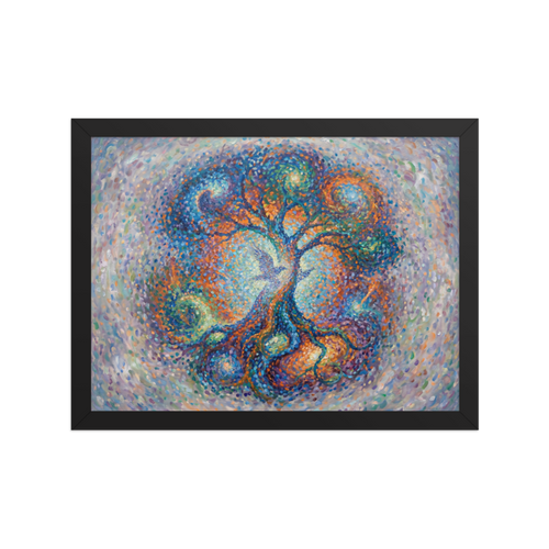 A vibrant pointillist painting of a cosmic tree with a bird in the center, ideal for a peaceful Meditation Room / Zen Space. A Pointillism print with a oil painting look, titled 'Cosmic Roots'.