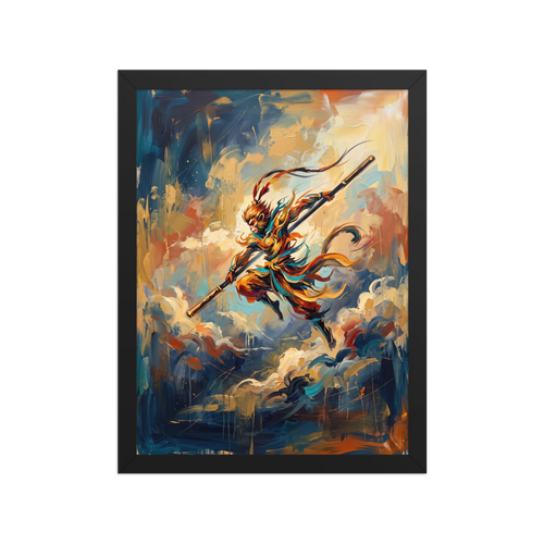 Rich impasto painting of Sun Wukong leaping through celestial clouds, suited for a living room wall. A Impressionism art print titled 'Cloud Sovereign'.