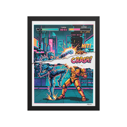 Vivid pixel art print of a 90s fighting arcade video game scene with torn paper tearout design, perfect for a game room or man cave. Available as the Pixel art art print 'Arcade Tearout: Final Combo'.