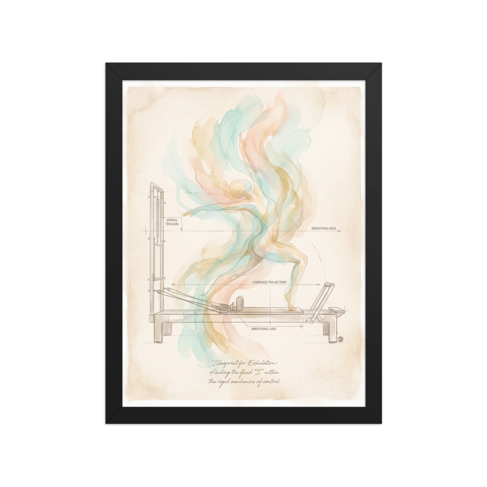 Lyco art wall art for the meditation room / zen space, 'Blueprint for Exhalation'. An artistic technical blueprint illustration of a Pilates reformer apparatus on vintage parchment with a fluid watercolor figure rising in soft teal and peach tones, ideal for a pilates studio or home gym.