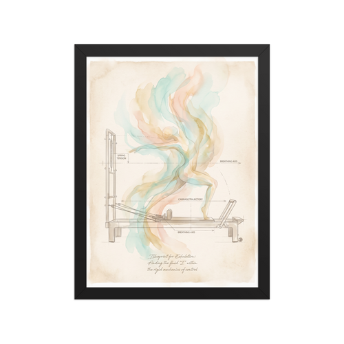 Lyco art wall art for the meditation room / zen space, 'Blueprint for Exhalation'. An artistic technical blueprint illustration of a Pilates reformer apparatus on vintage parchment with a fluid watercolor figure rising in soft teal and peach tones, ideal for a pilates studio or home gym.