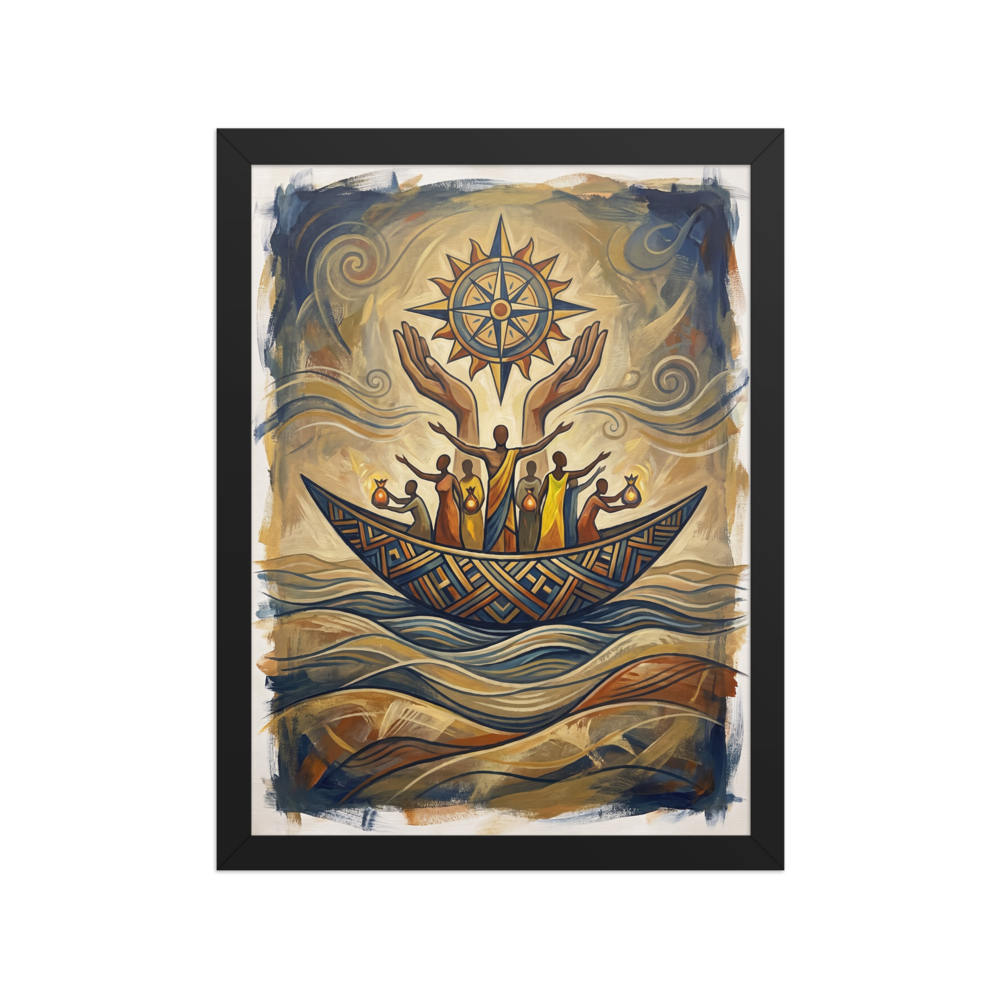 'Voyage of the Guiding Sun' by Meron. An oil painting of figures in a patterned boat beneath large hands holding a glowing compass rose, evoking hope and guidance for a living room or study. A Symbolism wall art print.