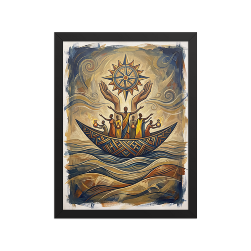 'Voyage of the Guiding Sun' by Meron. An oil painting of figures in a patterned boat beneath large hands holding a glowing compass rose, evoking hope and guidance for a living room or study. A Symbolism wall art print.