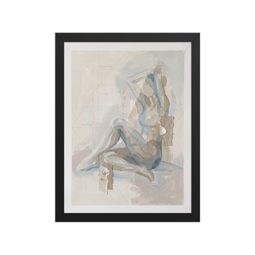 A calmness Lyco art print, 'Breath and Alignment'. A serene mixed media figure painting in muted blue and beige with torn paper collage elements and the words breath, core, align, and flow, perfect for a calming living room or meditation room.