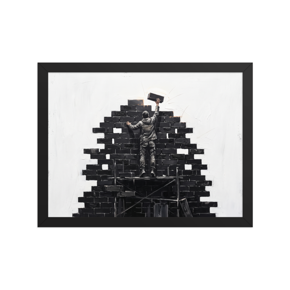 Monochrome street art painting of a figure building a brick wall on scaffolding for office wall art. 'Brick by Brick', a Street art print for the wall.