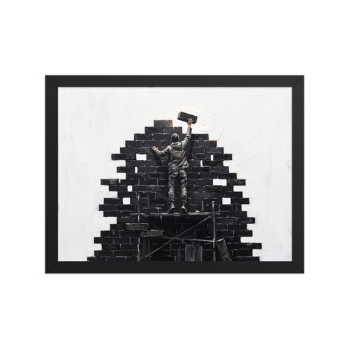 Monochrome street art painting of a figure building a brick wall on scaffolding for office wall art. 'Brick by Brick', a Street art print for the wall.