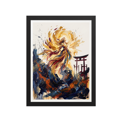 'Amaterasu Awakening', Expressionism wall art in gold and indigo. Expressive oil painting of Japanese sun goddess Amaterasu ascending in golden light near a Torii gate, framed by dark rocks for living room art.