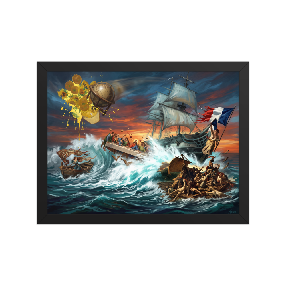 An epic oceanic pop art illustration depicting Da Vinci's Last Supper floating in stormy teal waves alongside Delacroix's Liberty, ideal for a living room. A Pop art art print titled 'Tempest of Art'.